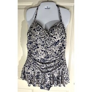 Shore Shapes Navy/Cream Tummy Control Skirted Ruched One-Piece Swimsuit Size 14